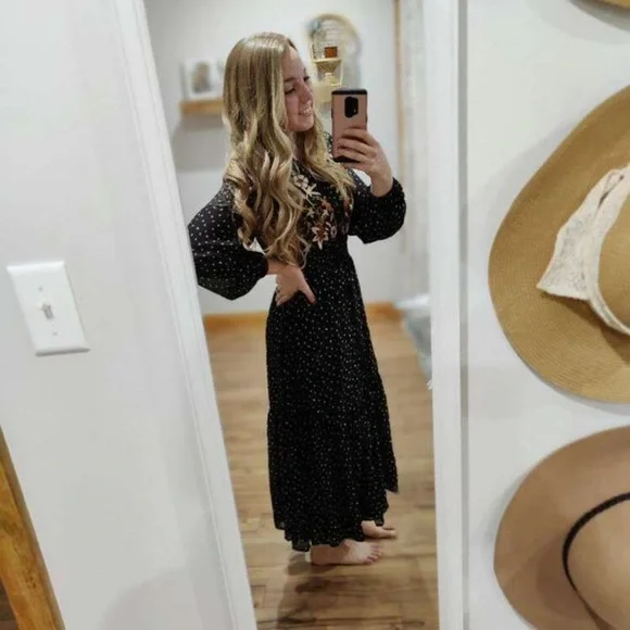 Boho gypsy floral embroidered dot black maxi dress sheer long sleeve - Picture 10 of 10